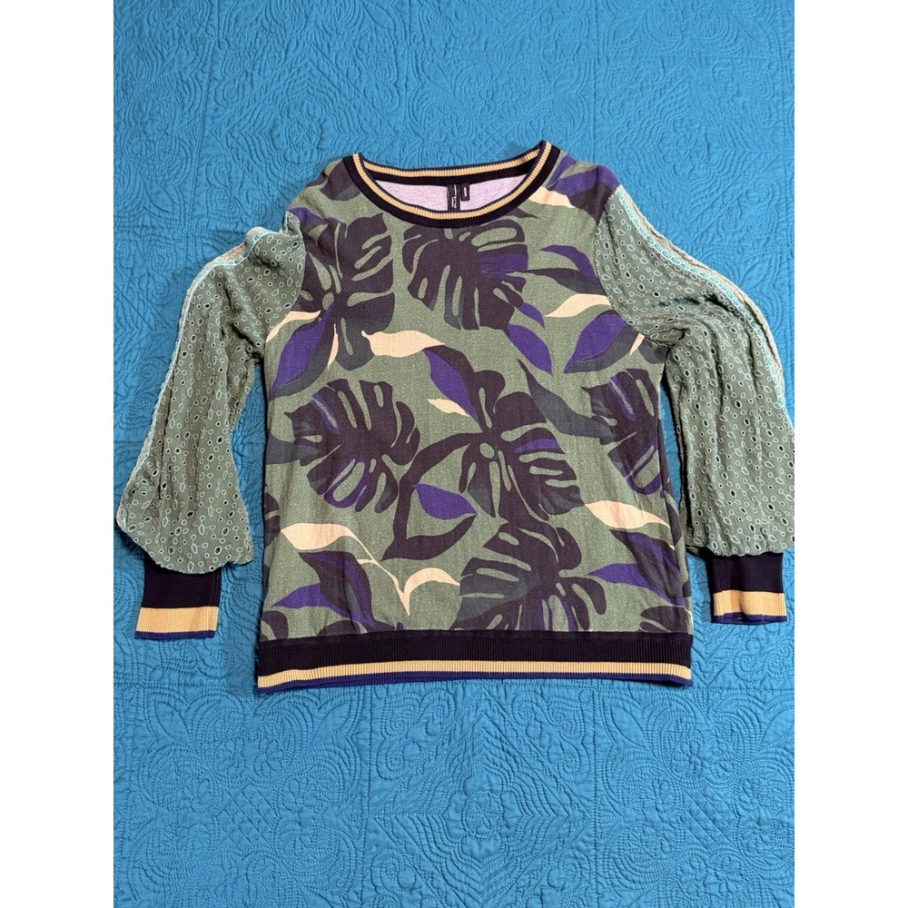 Blink London Womens Medium Tropical Leaf Print Top Balloon Sleeve Green Purple
